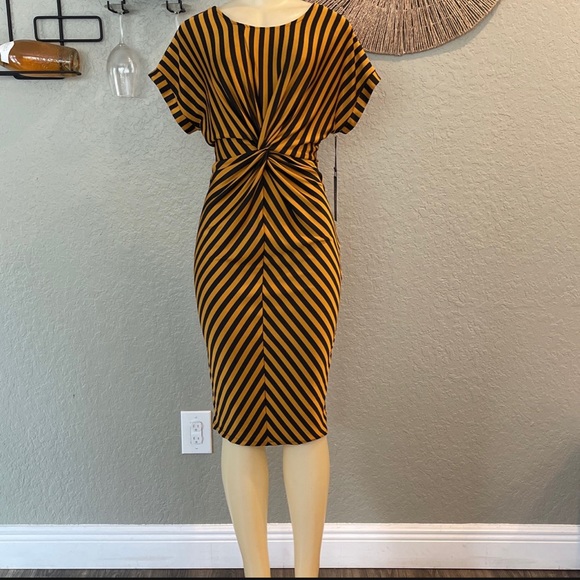 Women Off White & Mustard Striped Striped A-Line Dress